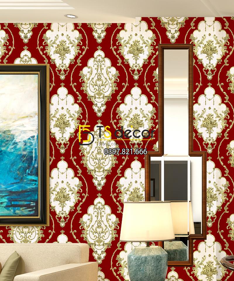 Giấy dán tường họa tiết Damascus Châu Âu màu đỏ 3D236