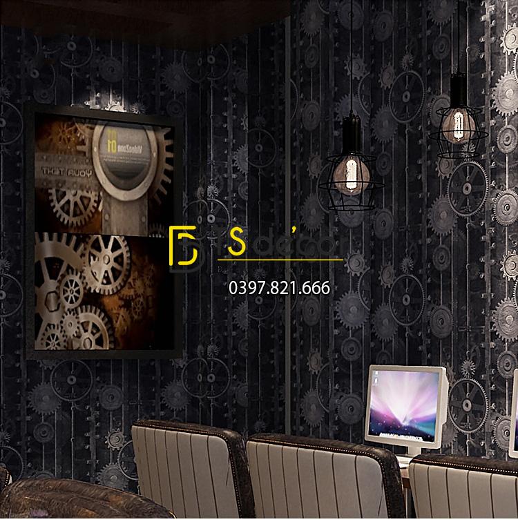 Giấy dán tường họa tiết bánh răng 3D218 màu đen trang trí quán net