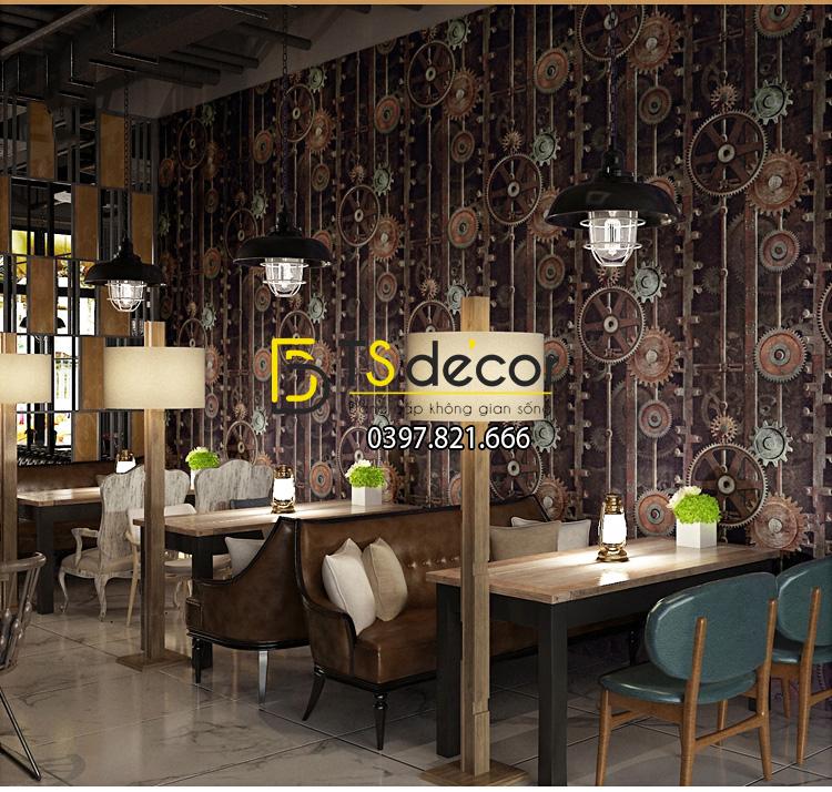 Giấy dán tường họa tiết bánh răng 3D218 màu nâu trang trí quán cafe