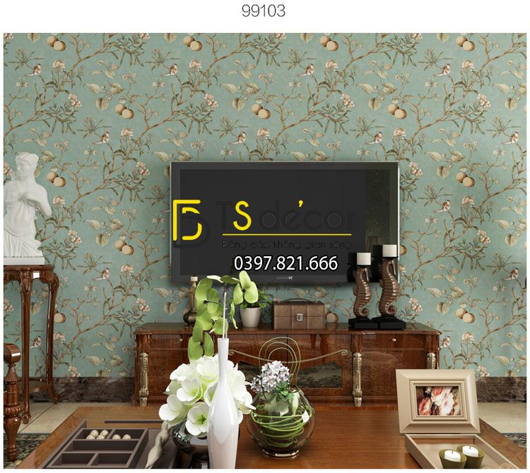 Giấy dán tường họa tiết cây táo màu xanh nhạt