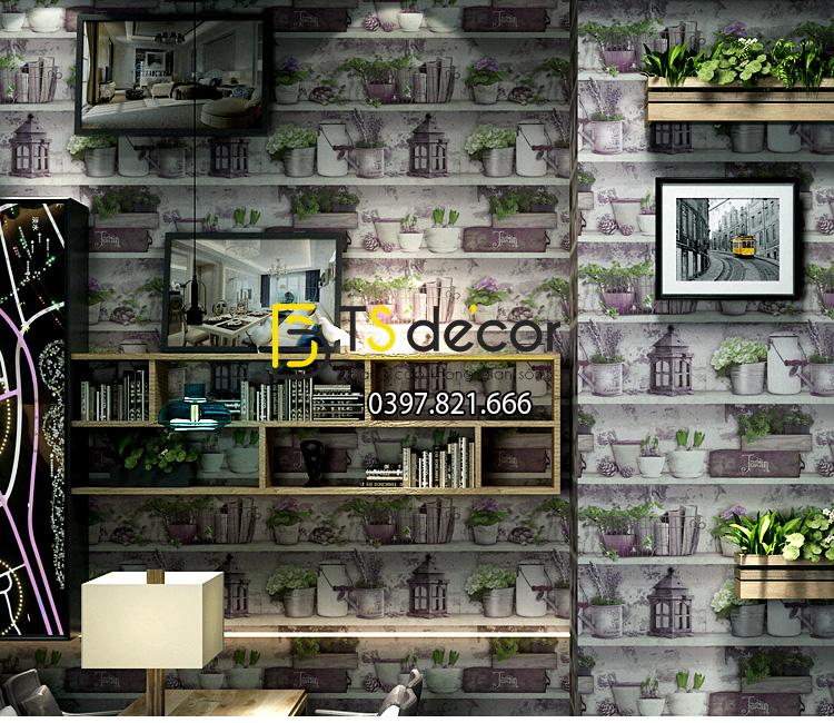 Giấy dán tường họa tiết chậu hoa độc đáo 3D205 trang trí quán trà sữa LIÊN HỆ ĐẶT HÀNG