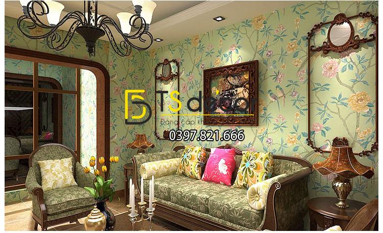 Giấy dán tường họa tiết chim chào mào trong vườn hoan 3D226 màu xanh