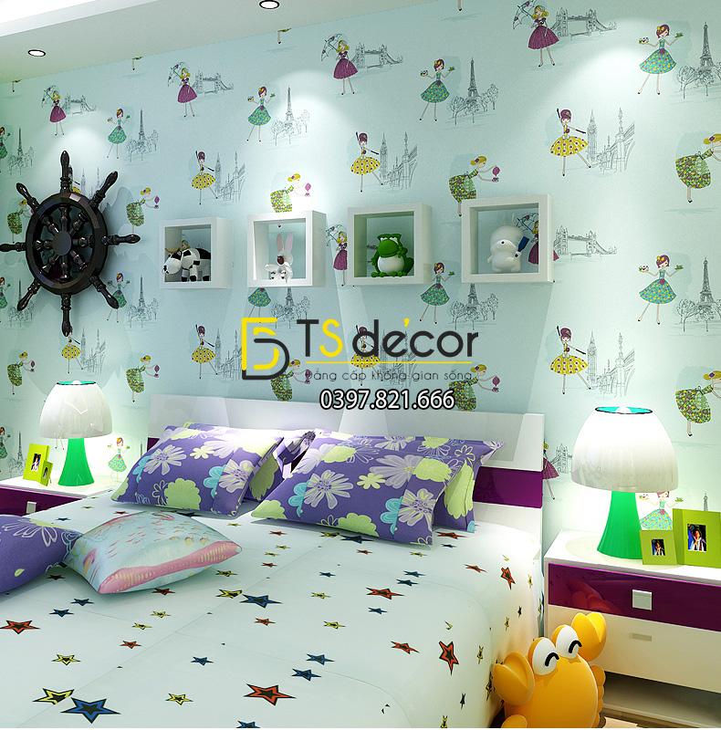 Giấy dán tường họa tiết công chúa 3D137 màu xanh