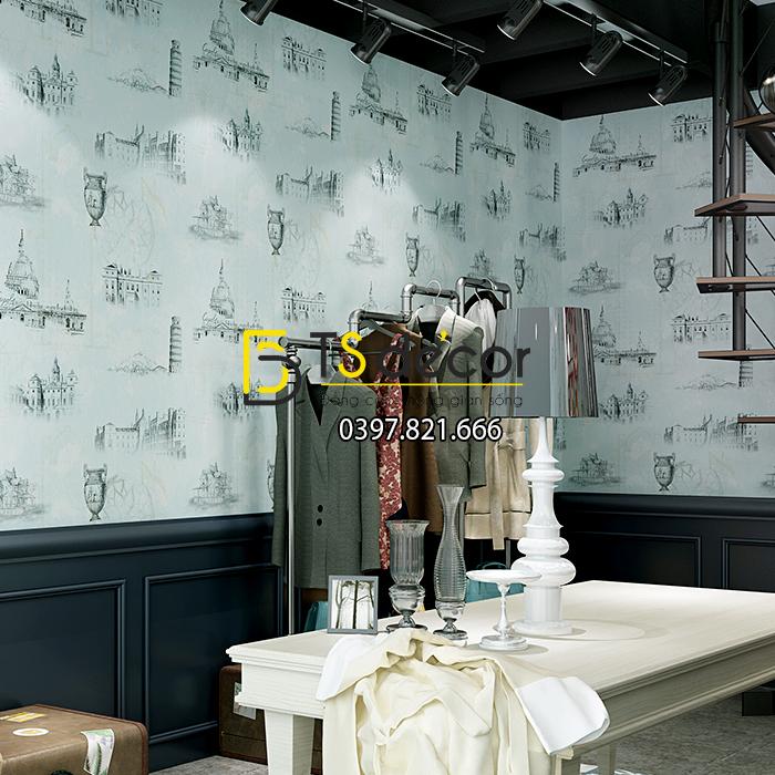 Giay dan tuong hoa tiet ky quan the gioi 3D253 mau xanh