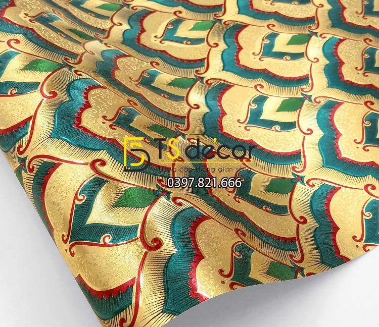 Giấy dán tường họa tiết phật giáo trang trí đền chùa phòng thờ 3D195 màu xanh