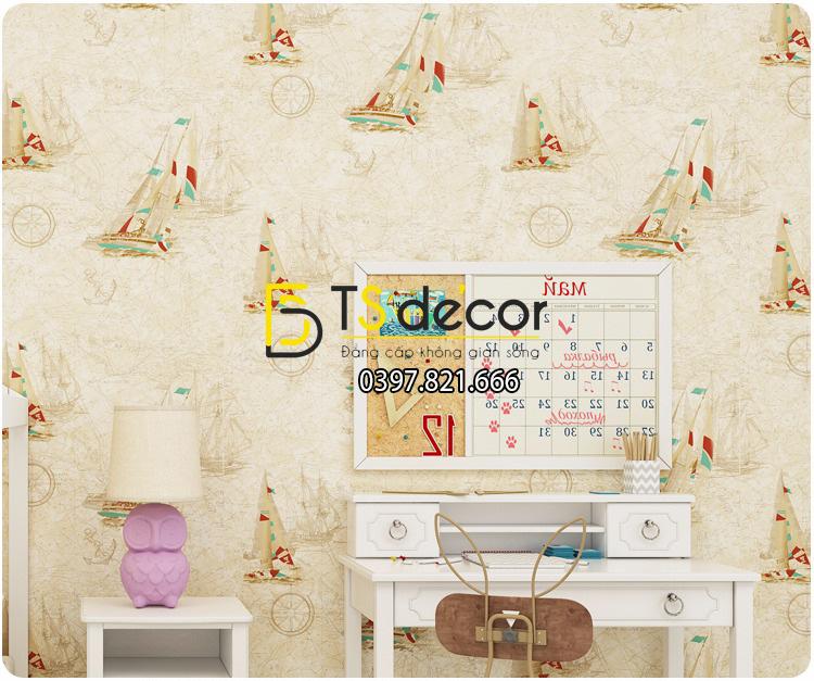 Giấy dán tường họa tiết thuyền buồm 3D144 màu be 02 phòng học