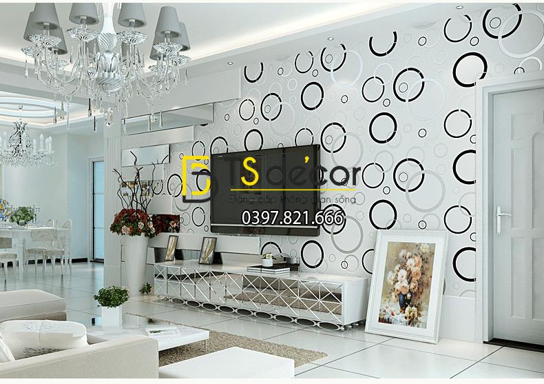 Giấy dán tường họa tiết vòng tròn màu đen trắng hiện đại