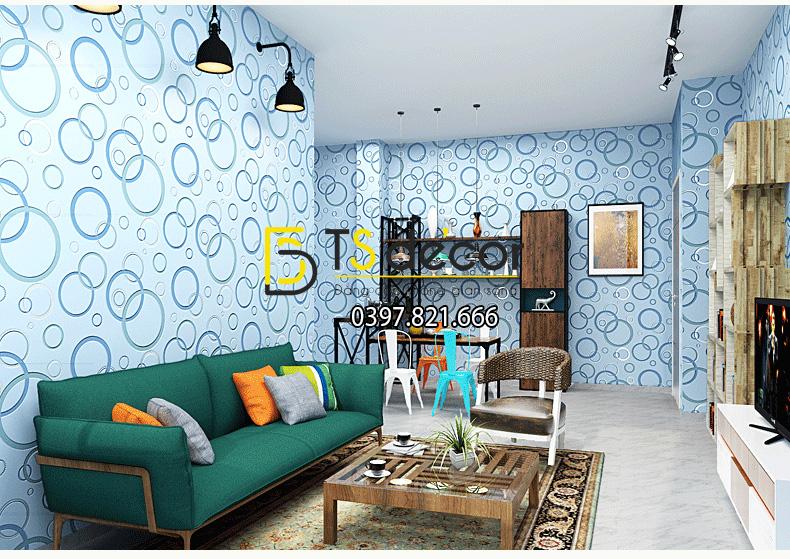 Giấy dán tường họa tiết vòng tròn màu lam trang trí phòng khách
