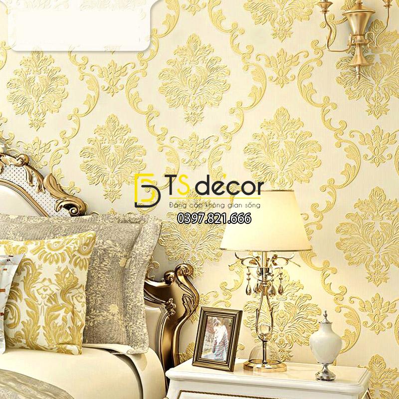 Giấy dán tường hoa văn châu Âu dập nổi 3D100 màu be trang trí phòng ngủ