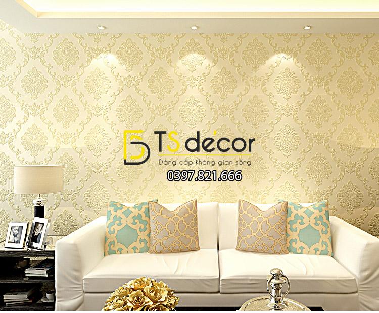 Giấy dán tường hoa văn châu Âu dập nổi 3D100 màu be trang trí phòng khách