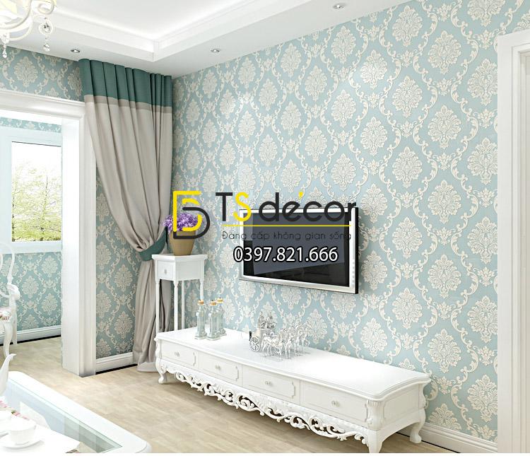 Giấy dán tường hoa văn châu Âu dập nổi 3D100 màu xanh