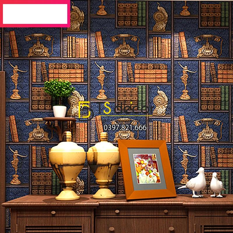 Giay dan tuong ke sach co 3D252 mau xanh 20055