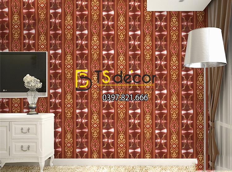 Giấy dán tường kẻ sọc kiểu hoàng gia màu đỏ mận 3D184