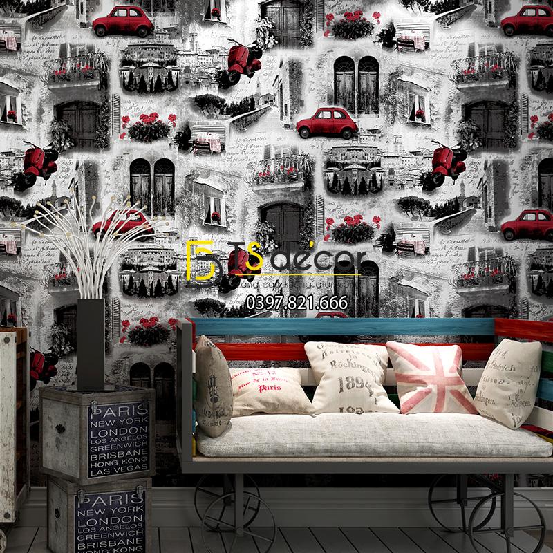 Giấy dán tường ô tô xe máy 3D165 trang trí quán cà phê