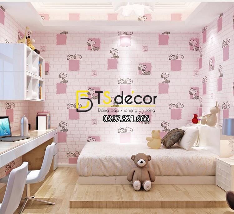 Giấy dán tường phòng trẻ em họa tiết snoopy màu hồng