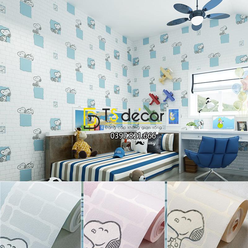 Giấy dán tường phòng trẻ em họa tiết snoopy màu xanh