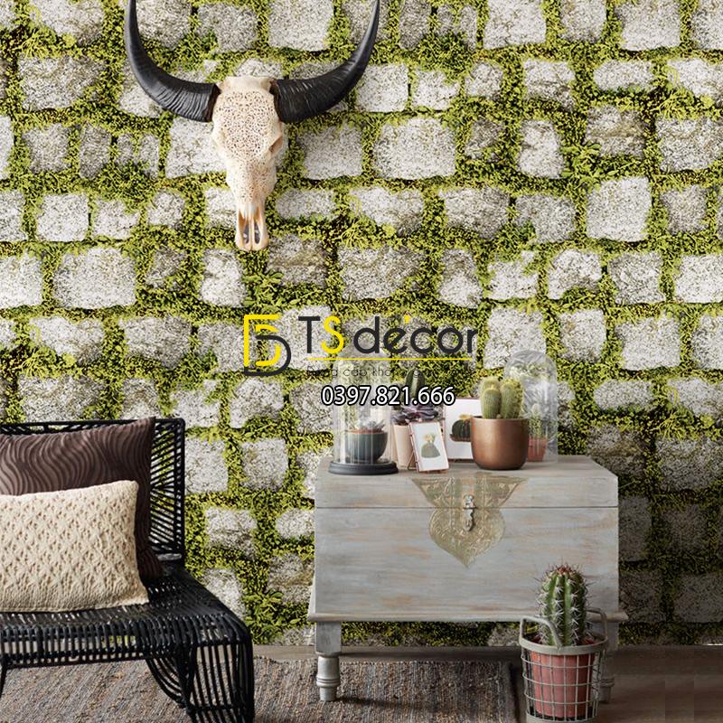 Giấy dán tường giả đá xen rêu xanh 3d179 trang trí quán cà phê