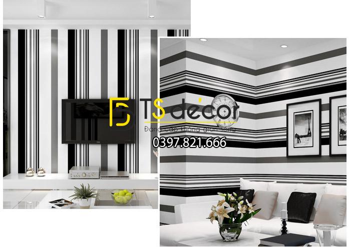 Giấy dán tường kẻ sọc đen trắng 3D092 trang trí phòng khách hiện đại