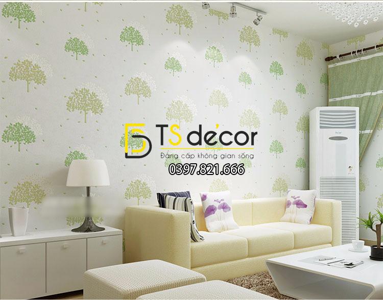 Giấy dán tường tán cây hình ô 3D139 màu xanh trang trí phòng khách