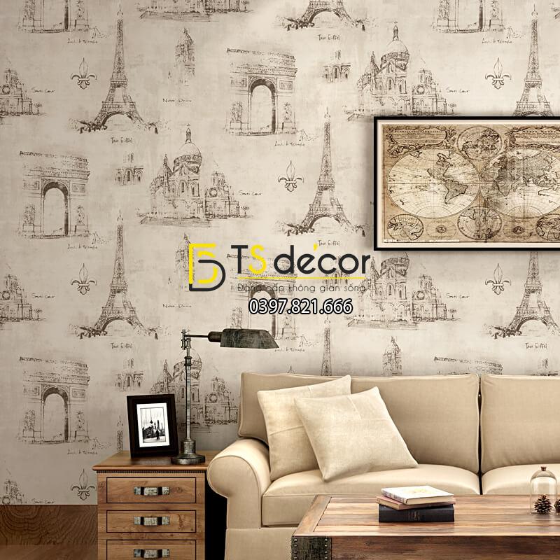 Giay dan tuong thap Eiffel cho quan cafe, cắt tóc 3D254 màu nau