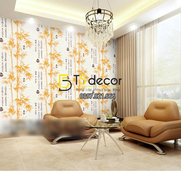 Giấy dán tường tre xanh thư pháp 3D174 màu vàng phòng khách