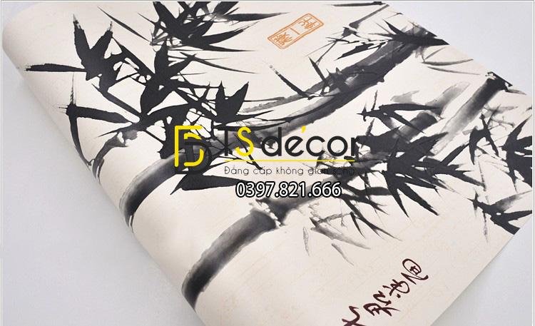Giấy dán tường tre xanh thư pháp 3D174 màu đen