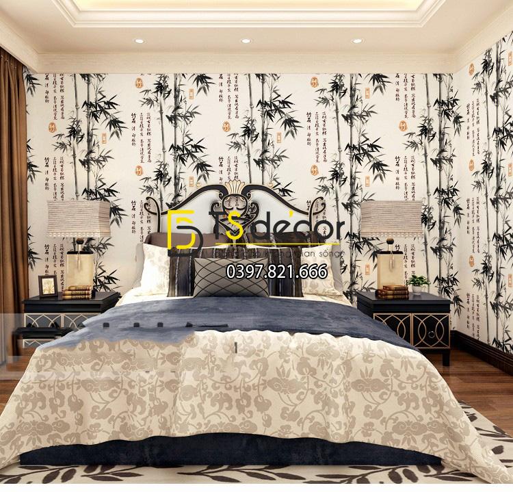 Giấy dán tường tre xanh thư pháp 3D174 màu đen phòng ngủ