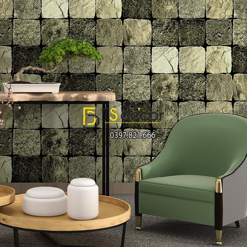 Giay dan tuong tuong da vuong 3D248 mau xanh reu