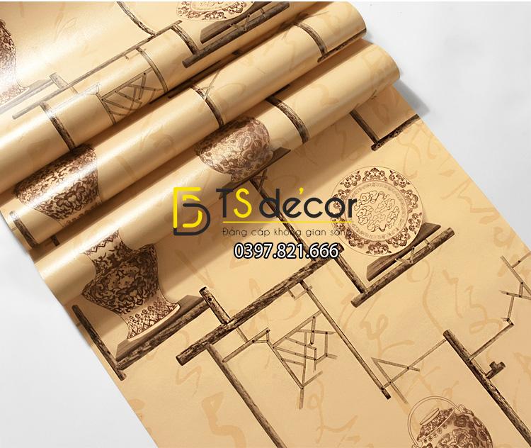 Bề mặt Giấy dán tường bình hoa và đĩa cổ màu nâu 3D176