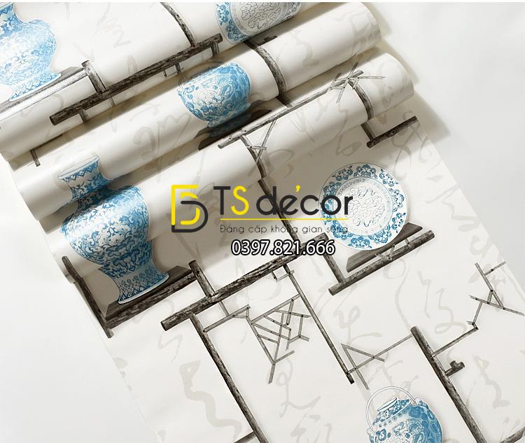 Bề mặt Giấy dán tường bình hoa và đĩa cổ màu xanh 3D176