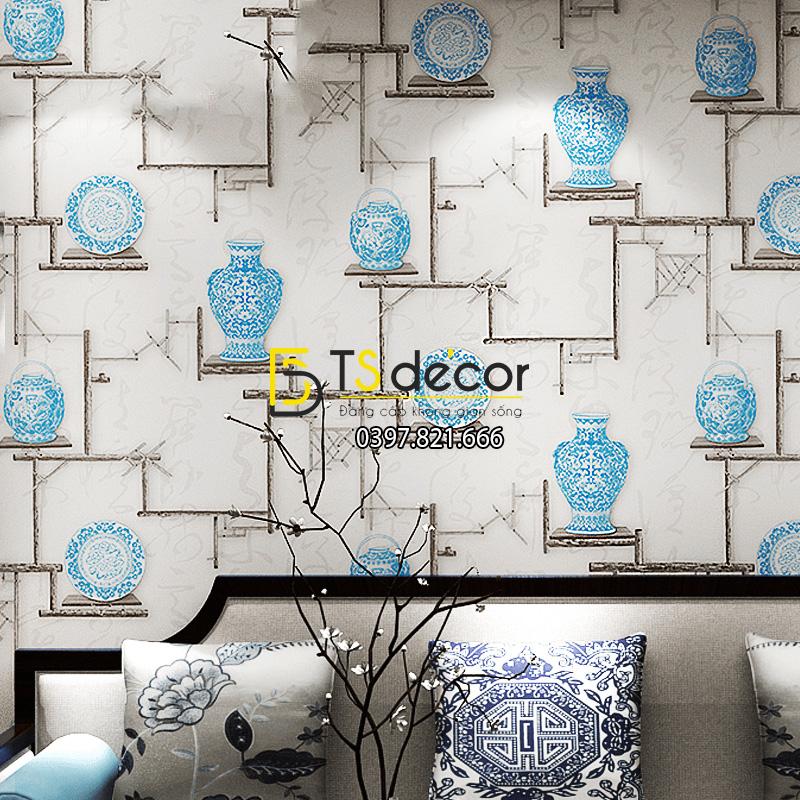 Giấy dán tường bình hoa và đĩa cổ màu xanh 3D176