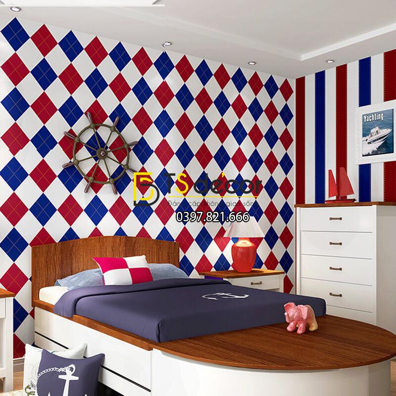 Giấy dán tường caro sọc xanh đỏ 3D301 dán phòng ngủ