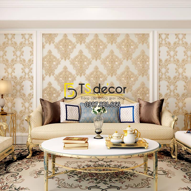 Giấy dán tường châu âu dập nổi Damascus 3D282 màu be phòng khách