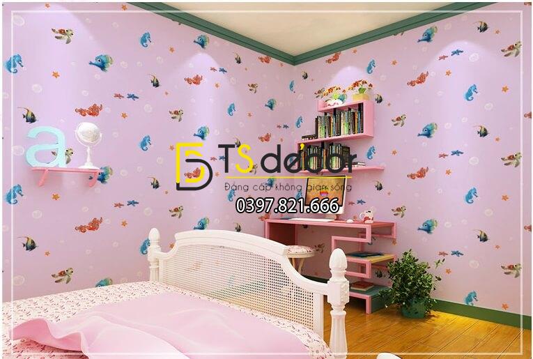 Giấy dán tường cá biển phòng trẻ em 3D269 màu hồng