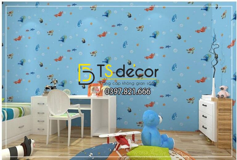 Giấy dán tường cá biển phòng trẻ em 3D269 màu xanh nhạt