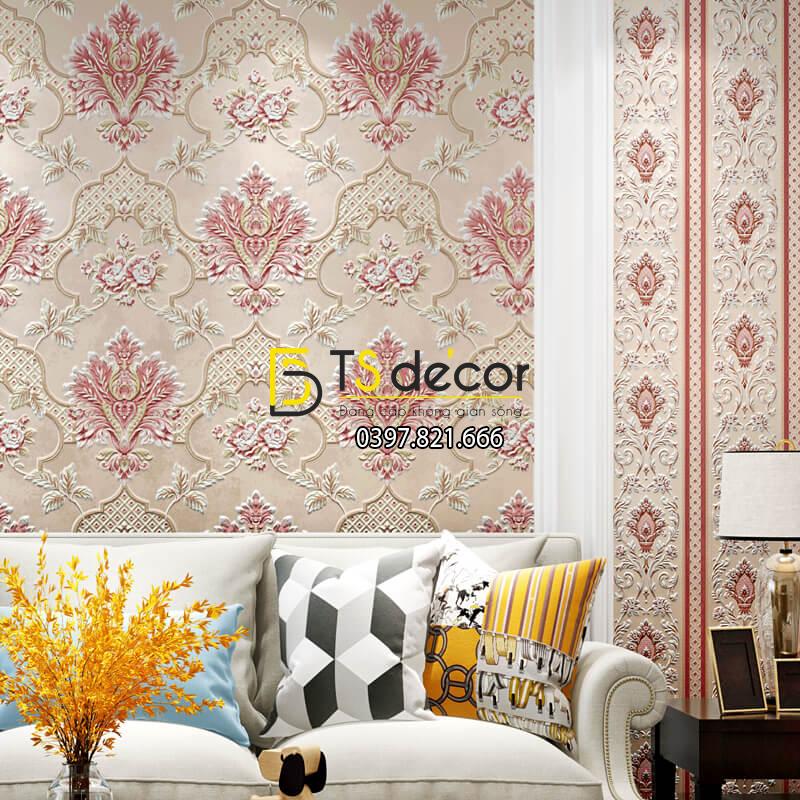 Giấy dán tường cổ điển hoa dập nổi 3D295 màu hồng