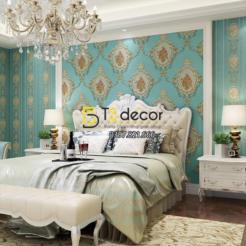 Giấy dán tường cổ điển hoa dập nổi 3D105 màu xanh trong phòng ngủ