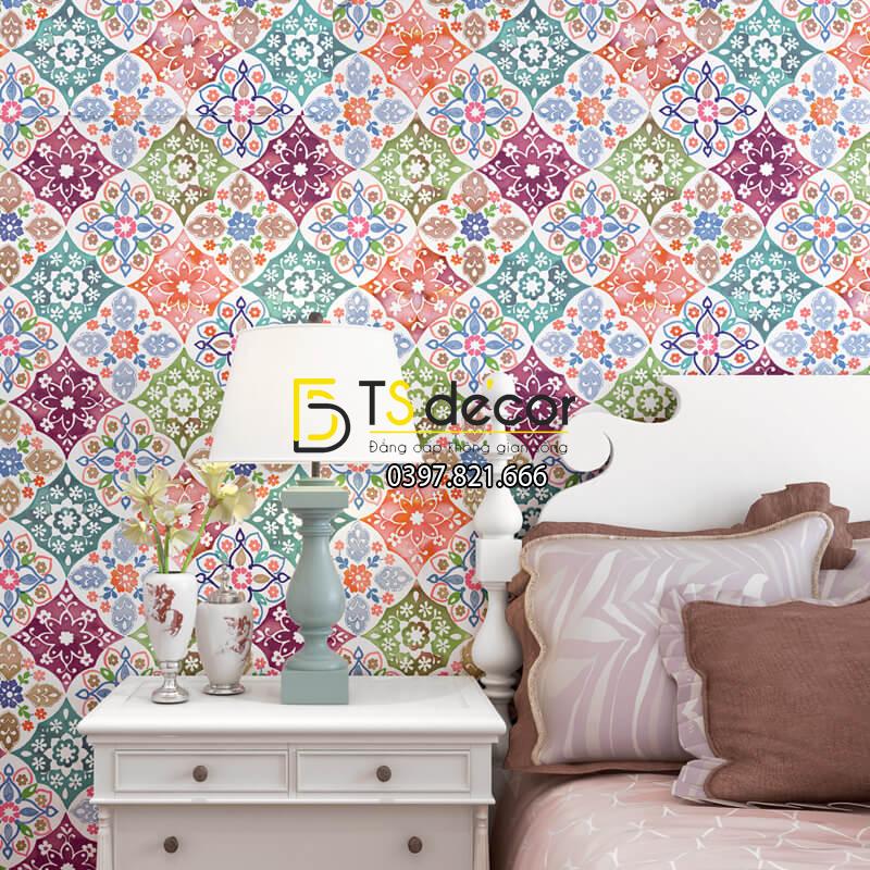 Giấy dán tường giả gạch bông kiểu bohemiang 3D267 màu hồng cho phòng ngủ