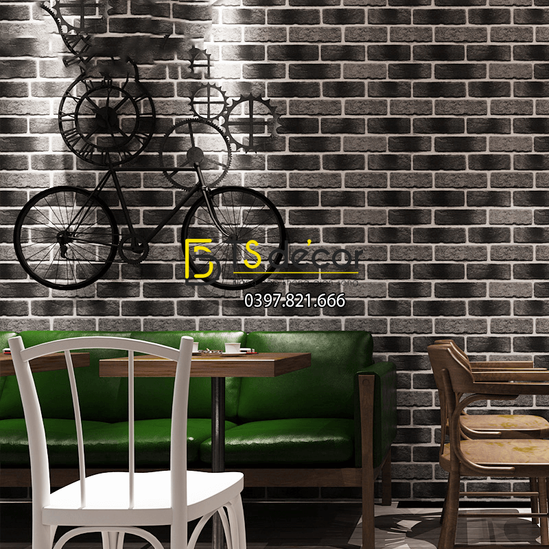 Giấy dán tường giả gạch cháy xám đen 3D302 quán cafe trà sữa