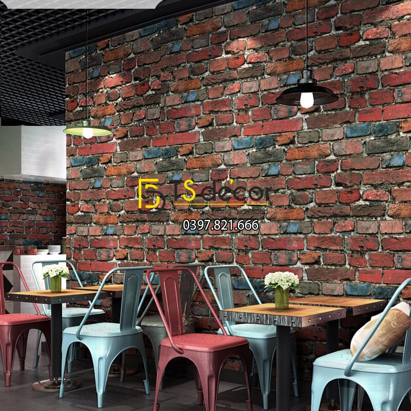 Giấy dán tường giả gạch màu nâu đỏ 3D304 quán cafe