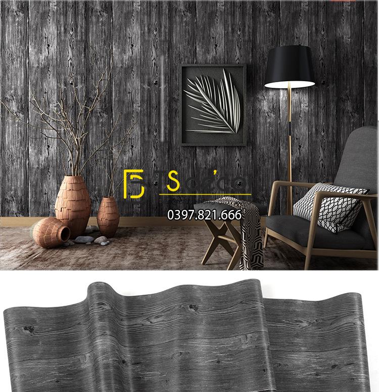 Giấy dán tường giả gỗ 3D103 màu đen nhám sang trọng