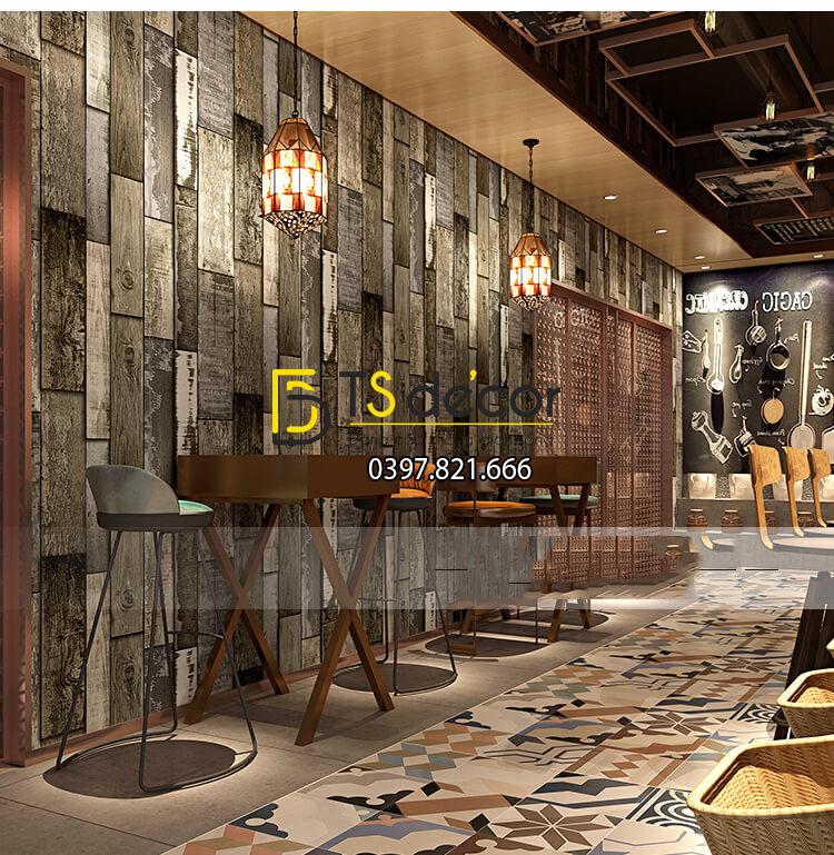 Giấy dán tường giả gỗ ván cổ vintage 3D290 màu xanh quán cafe