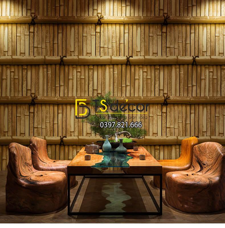 Giấy dán tường giả tường tre xưa 3D266 màu xanh nâu nhạt