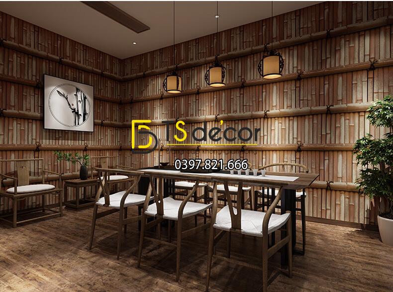 Giấy dán tường giả tường tre xưa 3D266 màu xanh nâu đậm