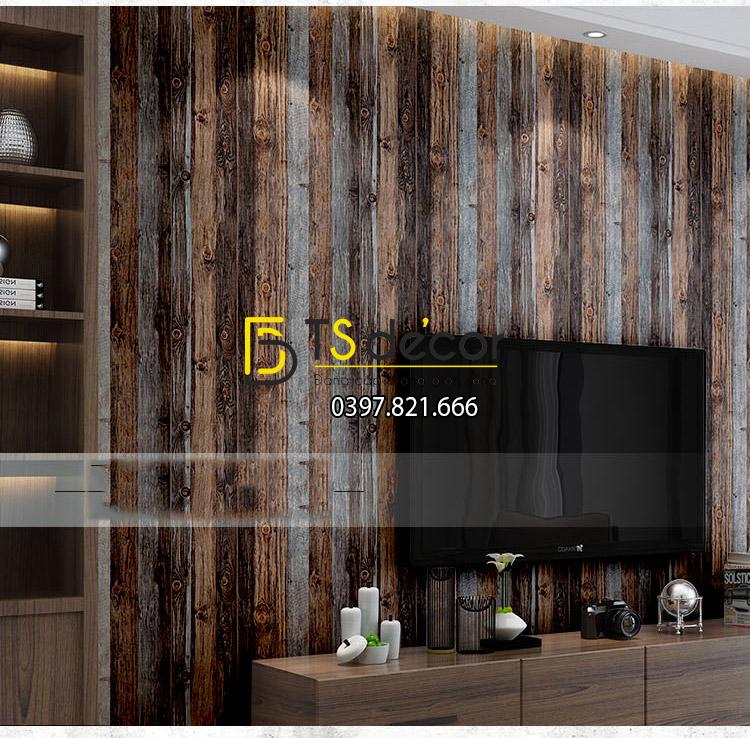 Giấy dán tường giả vân gỗ cổ 3D087 trang trí phòng khách