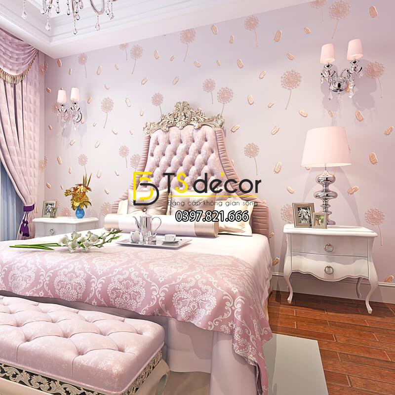 Giấy dán tường hoa bồ công anh và lông chim 3D285 màu hồng phòng ngủ
