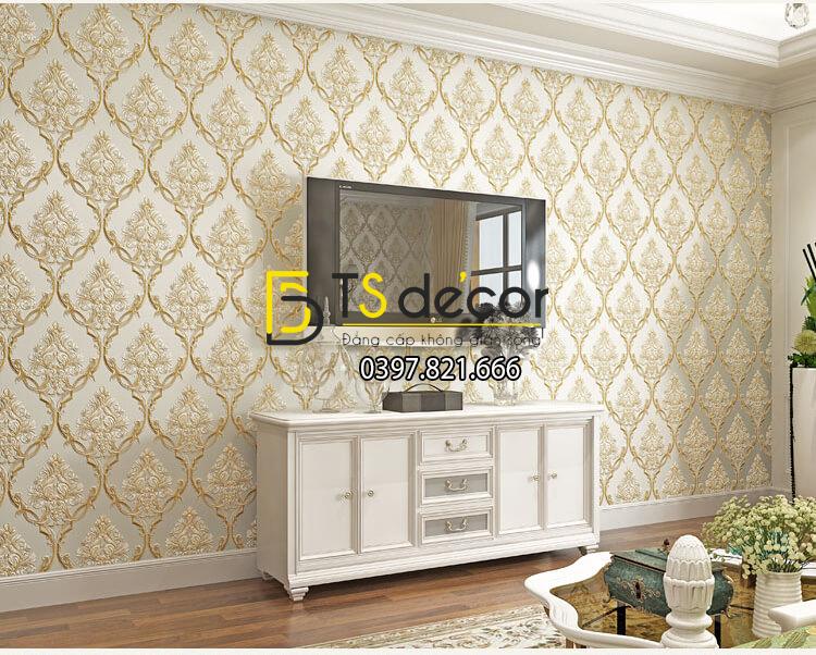 Giấy dán tường hoa châu âu sang trọng 3D288 màu be phòng khách
