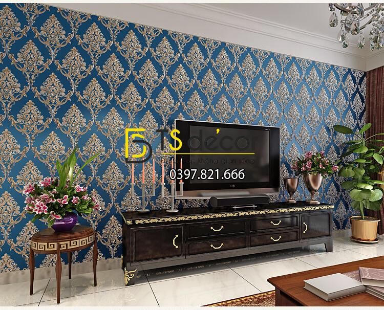 Giấy dán tường hoa châu âu sang trọng 3D288 màu xanh phòng khách