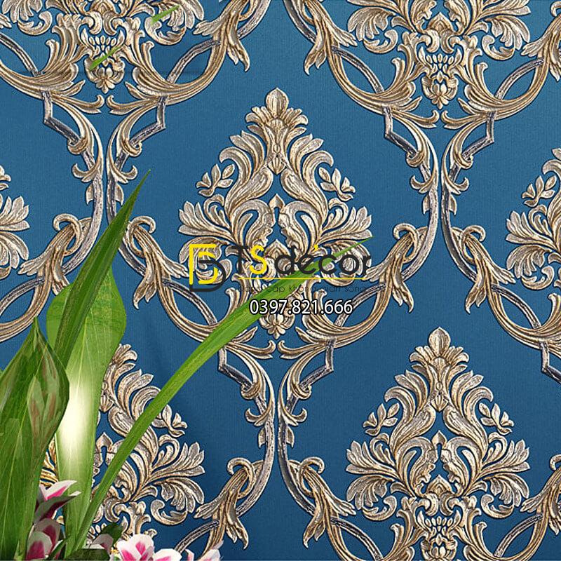 Giấy dán tường hoa châu âu sang trọng 3D288 màu xanh