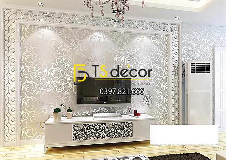 Giấy dán tường hoa lá cách điệu màu bạc ánh kim 3D296 phòng khách